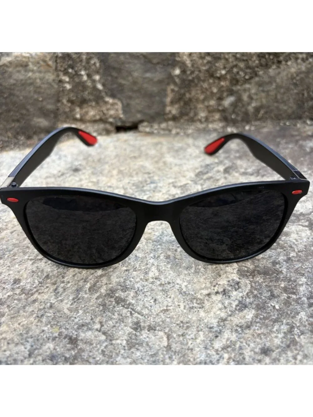 Matte Black Wayfarer Style Sunglasses Red Accent Grip Sport Performance New